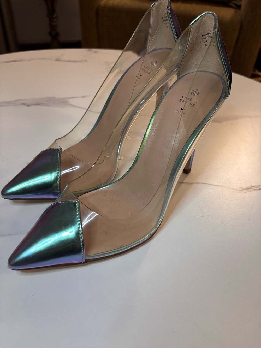 Call It Spring Iridescent Green Pointed Toe Clear Pumps